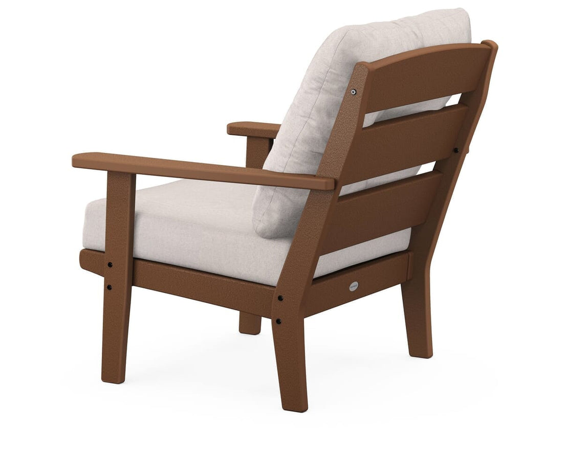 Mission 5-Pieces Plastic Patio Fire Pit Deep Seating Set in Teak with Dune Burlap Cushions