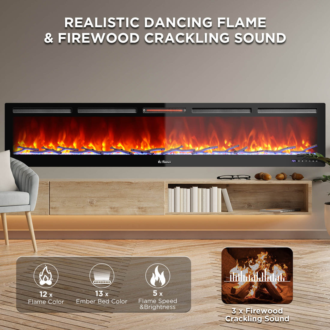 In Flames INF98W-3D WiFi Smart Wall Mounted Electric Fireplace with Tempered Glass