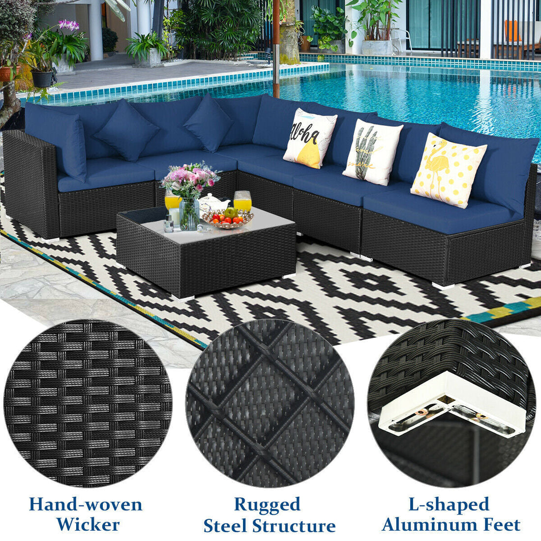 7-Piece Wicker Patio Sofa Set (Navy)