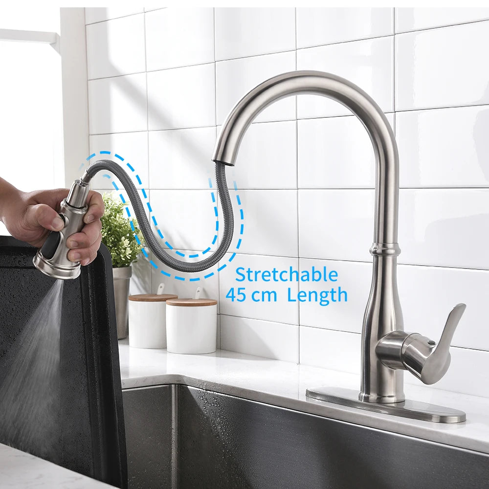 Brushed Nickel Kitchen Faucets Single Handle Pull Out Kitchen Tap Single Hole Handle Swivel Degree Water Mixer Tap Mixer Tap