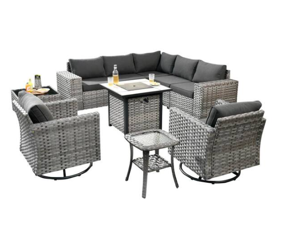 Crater Grey 10-Piece Wicker Outdoor Patio Fire Pit Conversation Sofa Set with Swivel Rocking Chairs and Black Cushions