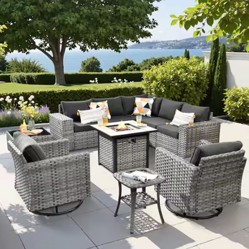 Crater Grey 10-Piece Wicker Outdoor Patio Fire Pit Conversation Sofa Set with Swivel Rocking Chairs and Black Cushions