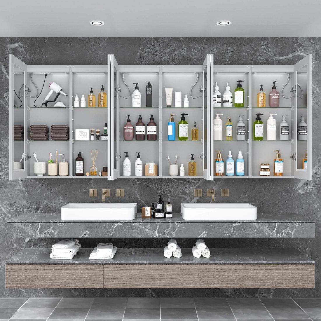 Nuvia 96x40-Inch Wall-Mounted Medicine Cabinet Mirror with Anti-Fog & Tri-Color LED Lights